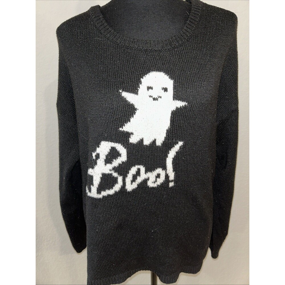 State of Mine Women Ghost Halloween Sweater Boo Black Knit Pullover Crewneck 2XL